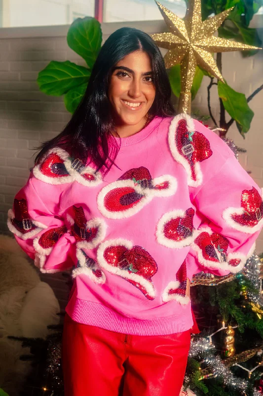 Women's Sweatshirts with Padded Shoulders -Hot Pink Christmas Cowboy Hat Sweatshirt