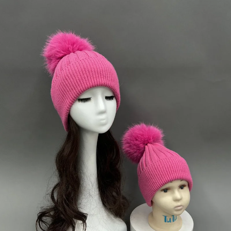 Knit Pullover for Women -Hot Pink Faux Fur Bobble Hat