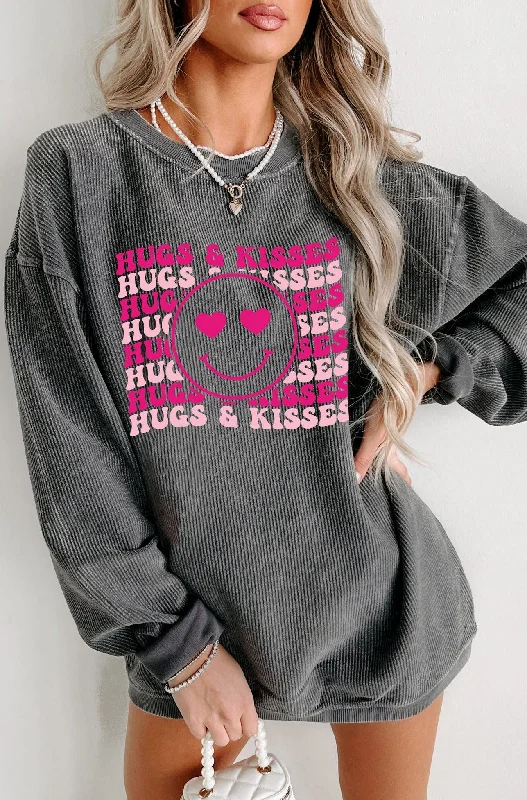 Women's Sweatshirts with Modern and Sporty Look -"Hugs & Kisses" Corded Graphic Crewneck (Charcoal) - Print On Demand Women's Sweatshirts with Modern and Sporty Look -"Hugs & Kisses" Corded Graphic Crewneck (Charcoal) - Print On Demand