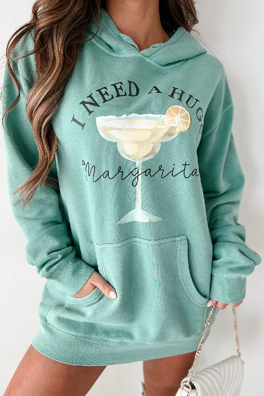 Women's Sweatshirts for Running Errands -"I Need A Huge Margarita" Vintage Wash Graphic Hoodie (Mint) - Print On Demand