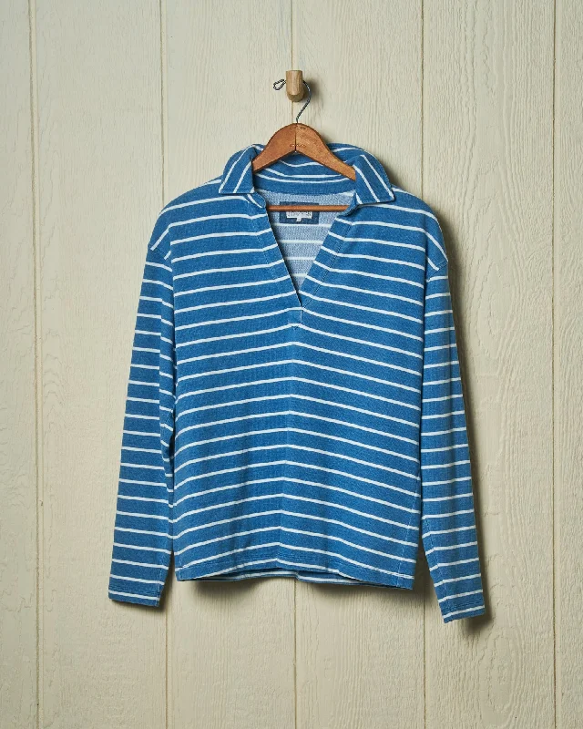 Women's Long Pullover Sweater for Layering-Indigo Inlet Pullover in ¾” Indigo/White Stripe