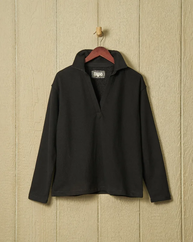 Women's Wool Blend Pullover Sweater with Ribbed Hems-Inlet Pullover in Black Loopback Terry