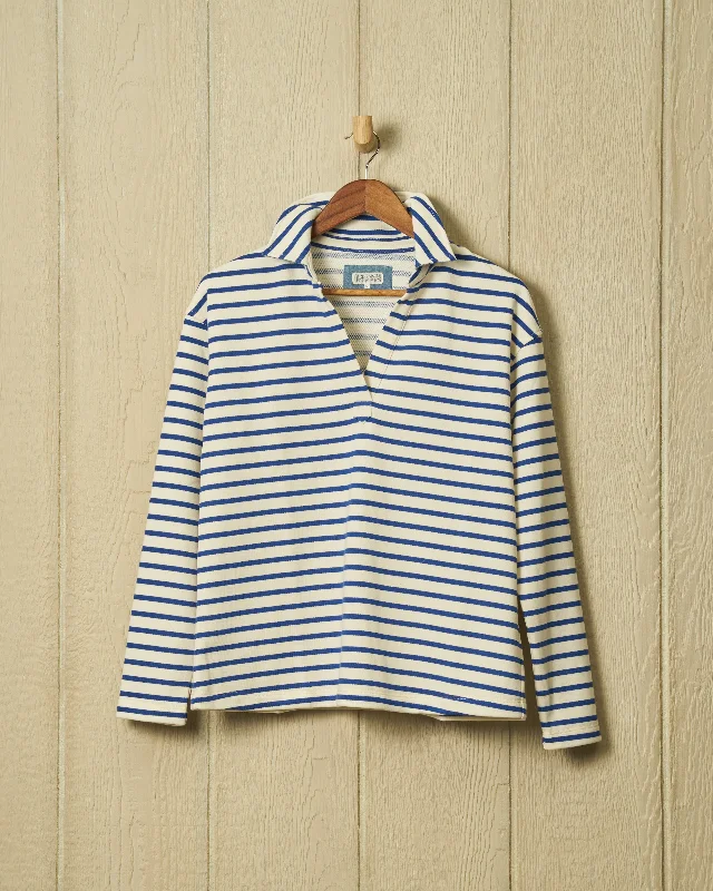 Women's Wool Knit Pullovers Sweater with Unique Design-Inlet Pullover in Cream/Atlantic Blue Loopback Terry