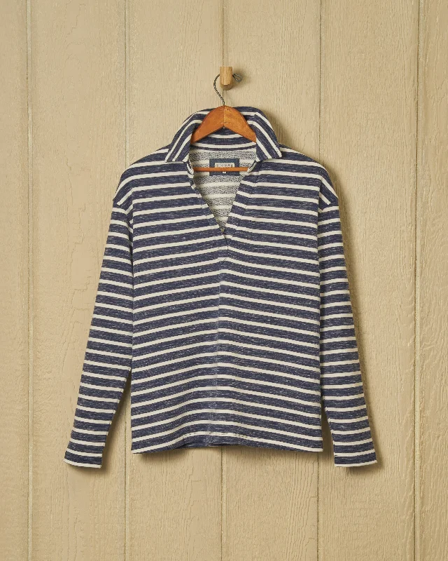 Women's Soft Wool Blend Pullover Sweater with Cardigan Style-Inlet Pullover in Heather Indigo/Cream Loopback Terry