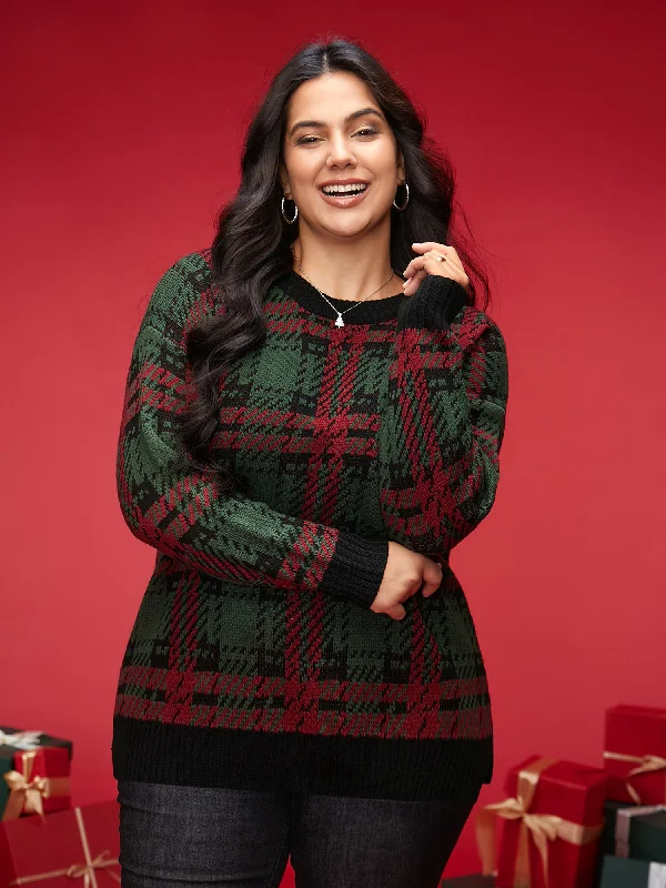 Women's Relaxed Knit Pullovers Sweater-Jacquard Plaid Contrast Hemline Pullover