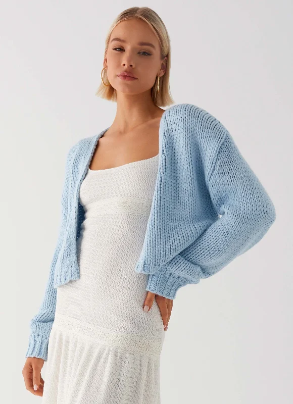 Knit Tops with Decorative Fringe-Jasleen Knit Cardigan - Blue