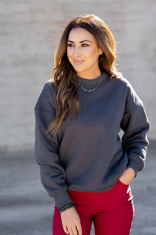 Women's Sweatshirts with Simple Designs -Jolly Cursive Embossed Crewneck