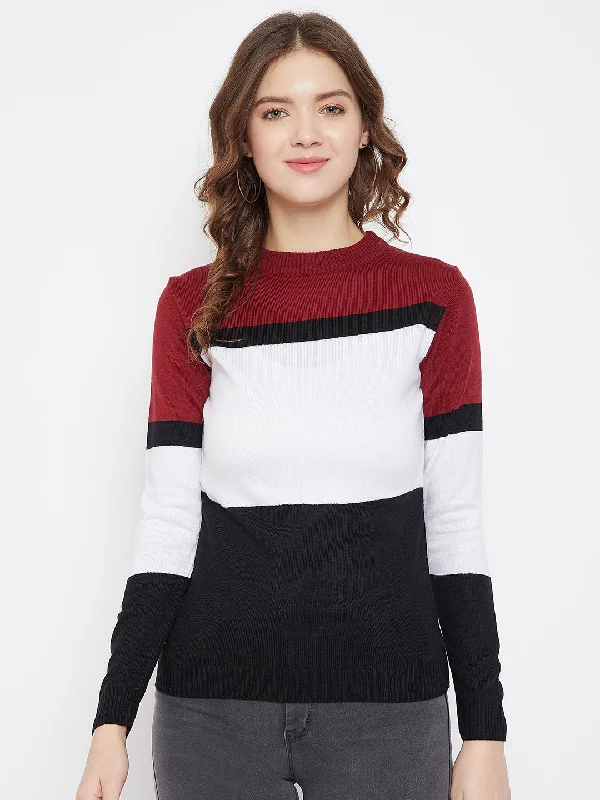 Women's Lightweight Knit Pullovers Sweater for Spring-JUMP USA Women Black & White Colourblocked Pullover Sweater