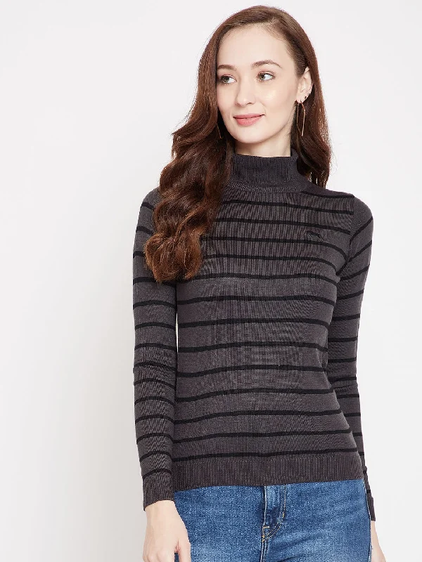 Women's Simple Wool Pullovers Sweater-JUMP USA Women Grey Striped Pullover Sweater