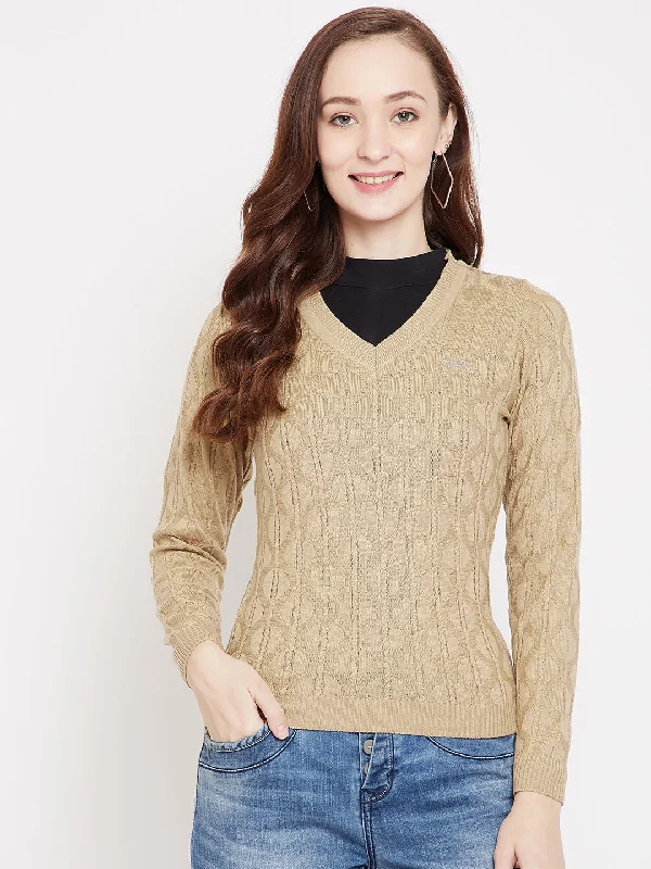 Women's Cozy Pullovers Sweater with V-neck-JUMP USA Women Beige Self Design Pullover Sweater