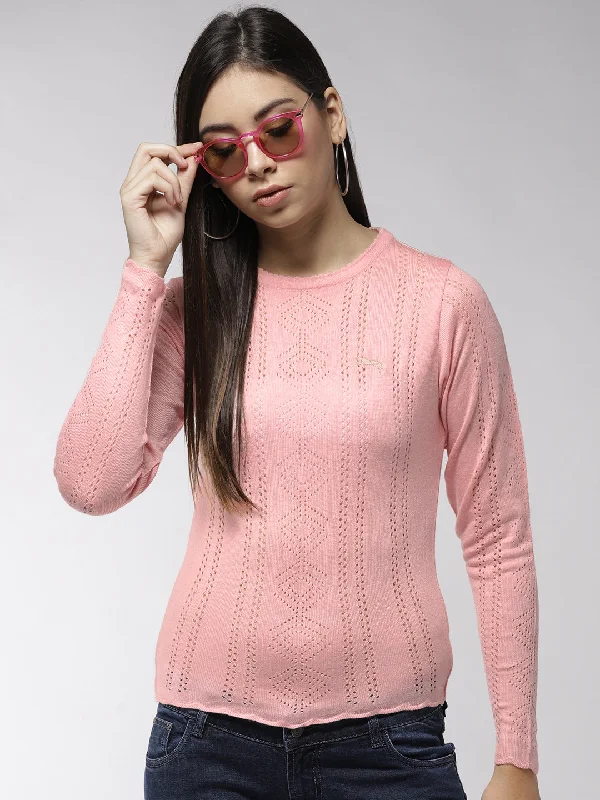 Women's High Neck Cashmere Pullovers Sweater-Women Solid Pink Pullover