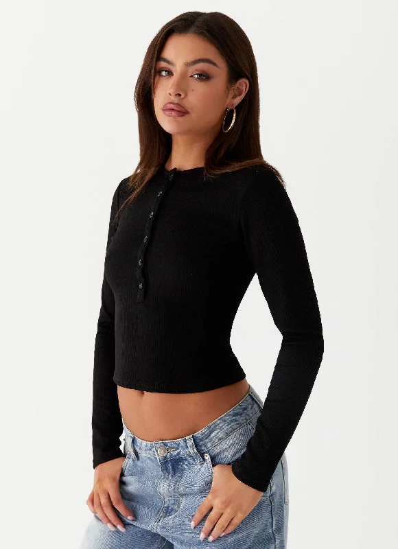 Knit Tops with Sleeves-Kellie Long Sleeve Knit Top - Black