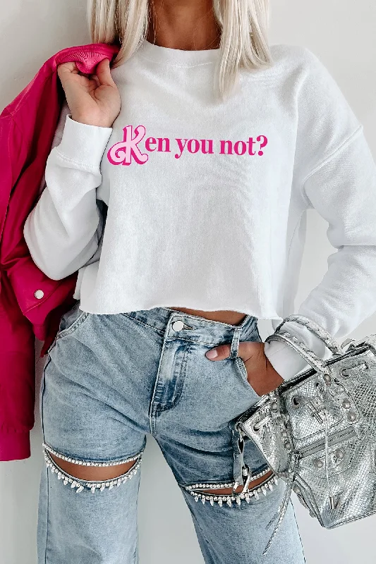 Women's Sweatshirts with Comfortable Hood -"Ken You Not?" Raw Hem Crop Graphic Crewneck (White) - Print On Demand