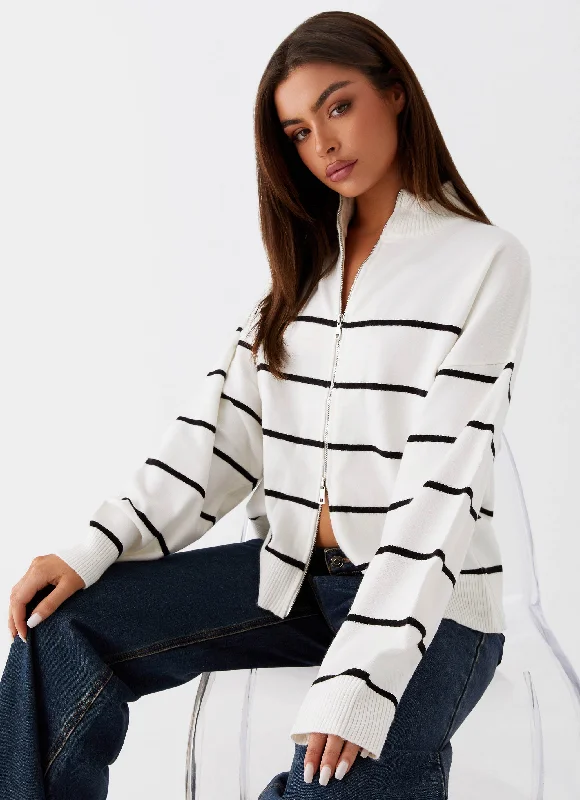 Warm Knit Tops for Women -Kimmy Oversized Knit Cardigan - Ivory Stripe