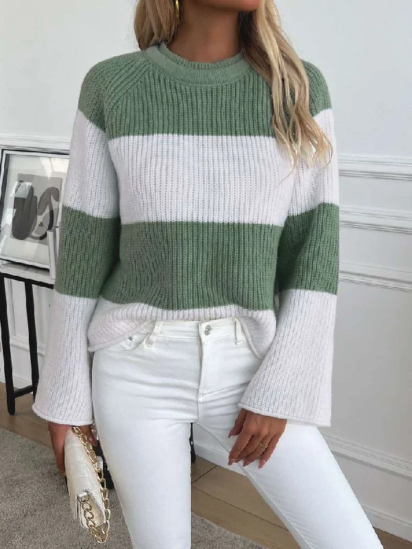 Women's Pullover Sweater with Ribbed Detail on Sleeves-Knitted Colorblock Striped Pullover Sweater