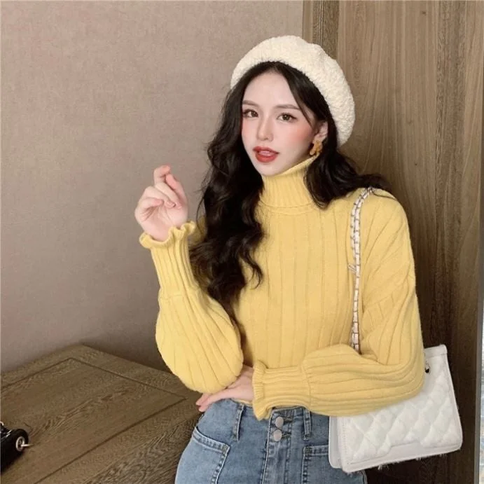 Women's Solid Color Pullover Sweater for Women-knitted top turtleneck pullover women's autumn and winter loose bf idle style design sense niche Women's Solid Color Pullover Sweater for Women-knitted top turtleneck pullover women's autumn and winter loose bf idle style design sense niche