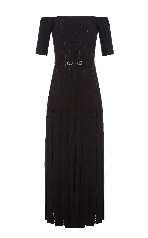 Women's Casual Knit Sweater -Kurt Knit Pleated Maxi Dress in Black Merino Wool