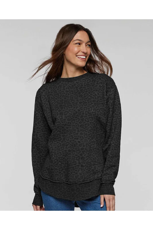 Women's Sweatshirts for Cozy Winter Layers -LAT Womens Weekend Fleece Crewneck Sweatshirt - Black Leopard - NEW