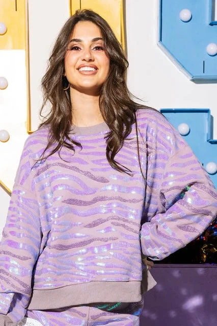 Women's Sweatshirts for Going Out with Friends -Lavender Seed Bead & Sequin Tiger Stripe Sweatshirt