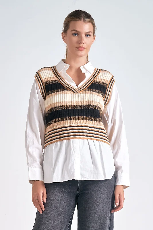 Women's Wool Blend Vests Sweater-Layered Sweater Vest w Long Sleeve