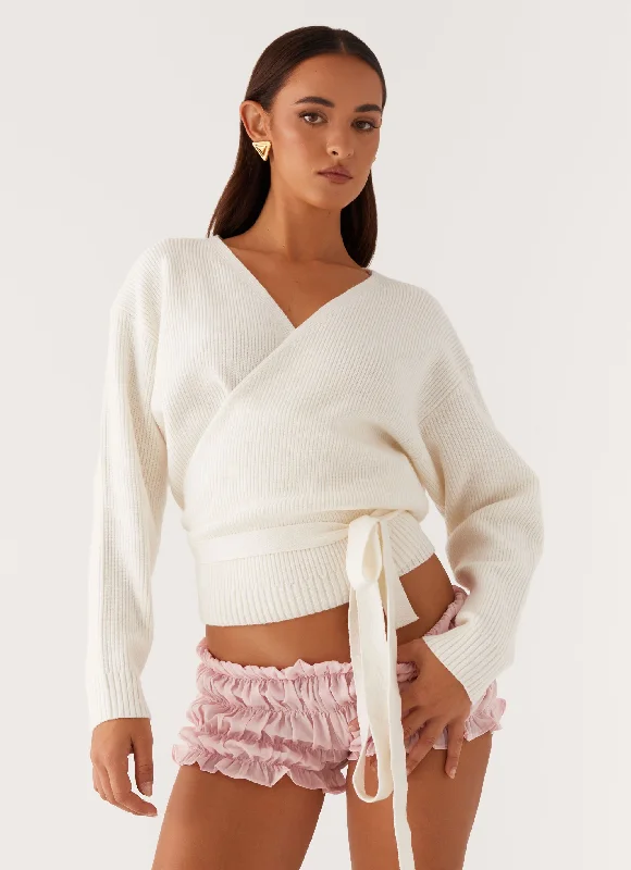 Knit Tops with Polka Dots-Leela Wrap Cardigan - Ivory