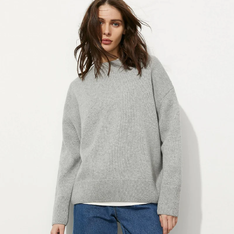 Women's Casual Wool Pullovers Sweater for Day Wear-Leisure Monochrome Oversized Round Neck Long Sleeve Drop Shoulder Pullover Sweater