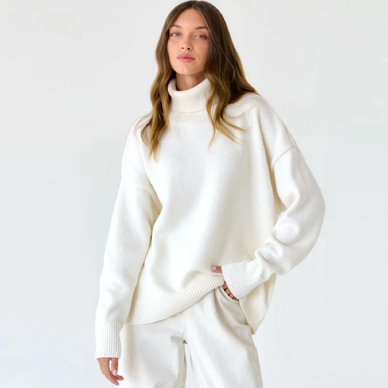 Women's Lightweight Woolen Pullovers Sweater for Fall-Leisure Turtleneck Long Sleeve Oversized Rib Knit High Low Pullover Sweater