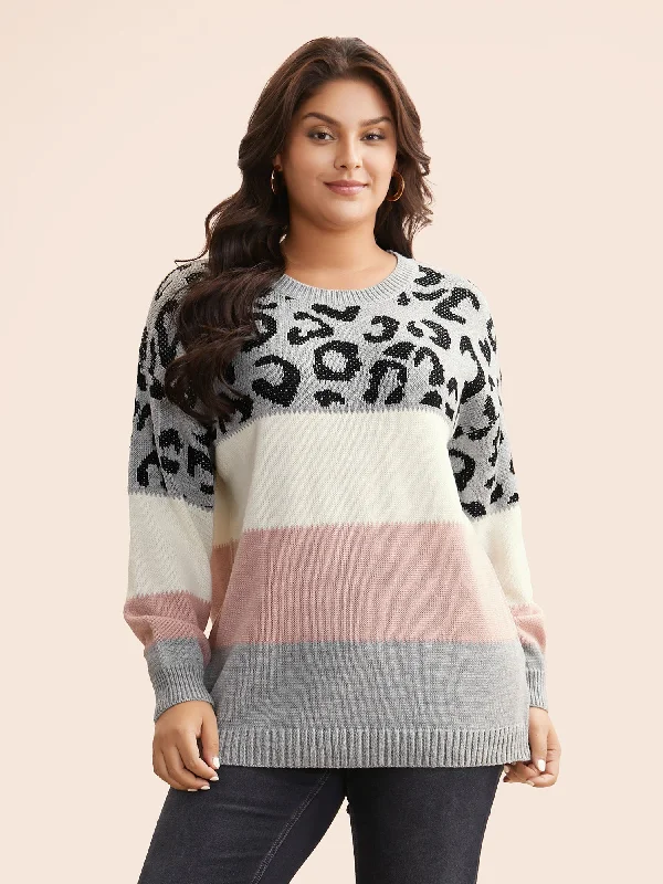 Women's Chunky Knit Wool Pullovers Sweater-Leopard Print Contrast Patchwork Pullover