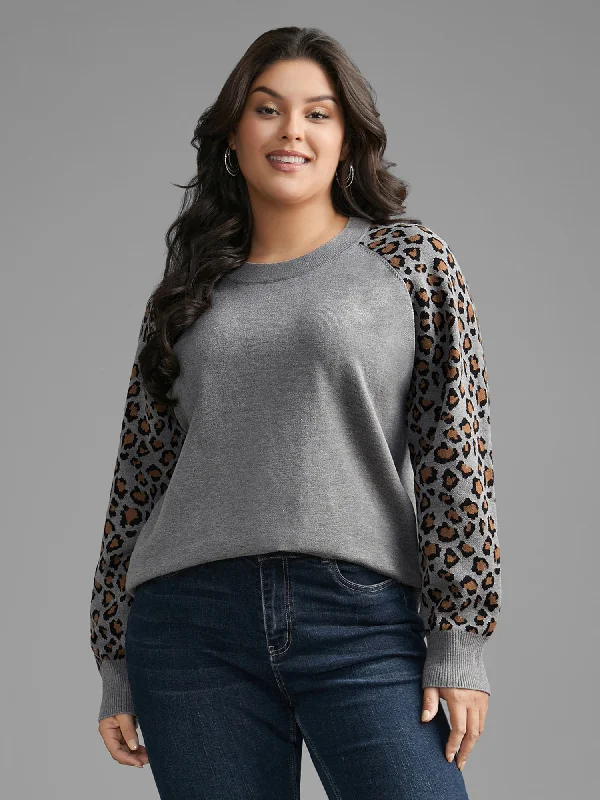 Women's Long Knit Pullovers Sweater-Leopard Print Raglan Sleeve Pullover