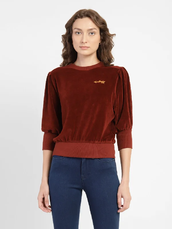 Women's Sweatshirts with Double-Stitched Pockets -Women's Solid Round Neck Sweatshirt