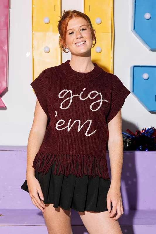 Women's Vests Sweater with Side Slits-Licensed- Maroon 'Gig Em' Fringe Sweater Vest