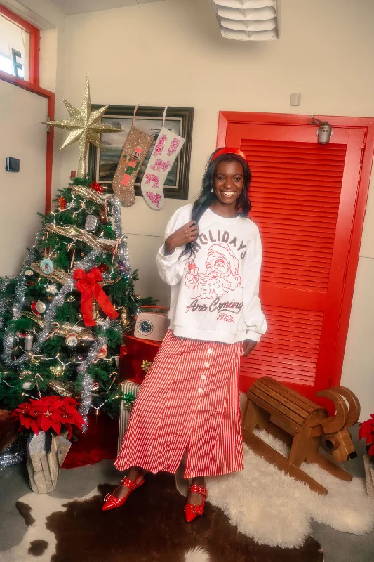 Women's Sweatshirts for Stylish Comfort -Licensed- White & Red 'Holidays Are Coming' Santa Coca-Cola Sweatshirt