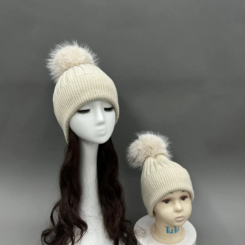 Women's Wool Knit Sweater -Light Beige Faux Fur Bobble Hat