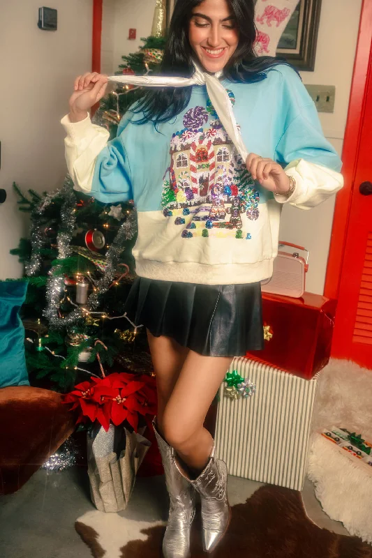 Women's Sweatshirts with Preppy Look -Light Blue/Beige Gingerbread House Scene Sweatshirt