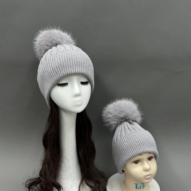 Women's Knit Sweaters with Buttons -Light Grey Faux Fur Bobble Hat