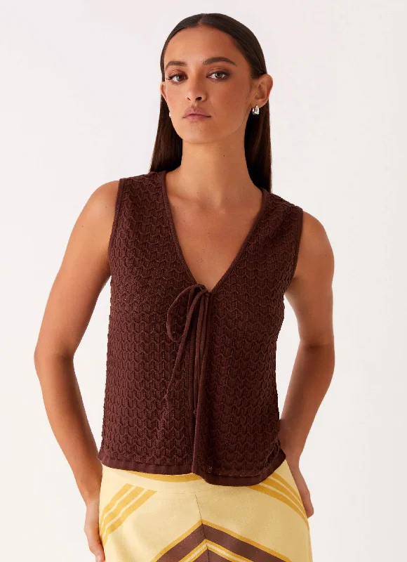Women's Knit Tops with V-neckline -Lillie Knit Tie Vest Top - Chocolate