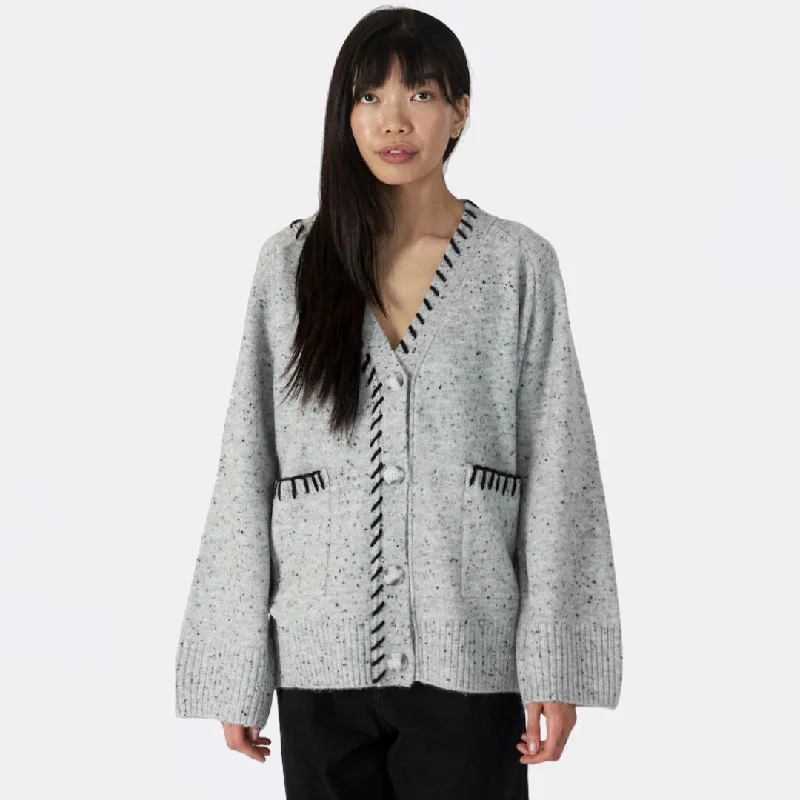 Knit Tops with Classic Design-Shyla Long Cardigan with Elbow Heart Patches (Light Grey Fleck)