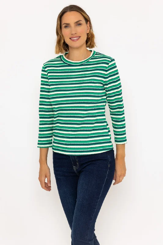 Lightweight Knit Tops for Layering-Long Sleeve Textured Stripe Top in Green