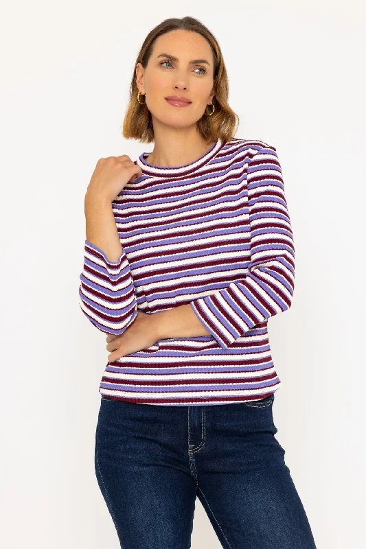 Knit Tops with Contrast Sleeves-Long Sleeve Textured Stripe Top in Purple