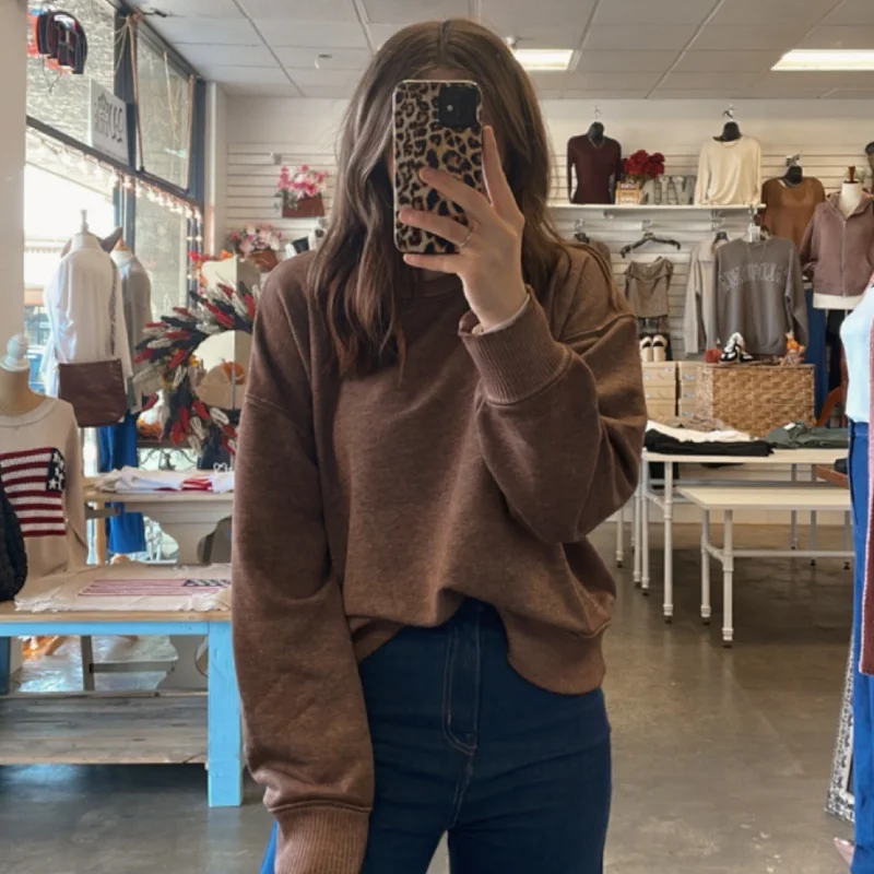 Women's Sweatshirts for Fall Fashion -Look Good Washed Boatneck Pullover Brown