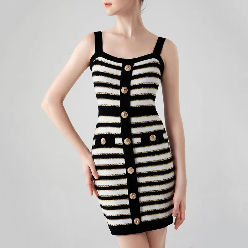 Women's Oversized Sweaterdress -Luxury Buttoned Lurex Black and White Striped Knit Sleeveless Sweater Mini Dress Women's Oversized Sweaterdress -Luxury Buttoned Lurex Black and White Striped Knit Sleeveless Sweater Mini Dress