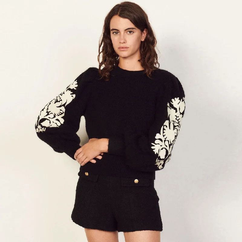 Women's Lightweight Pullovers Sweater-Luxury Floral Print Long Sleeve Mohair Knit Pullover Sweater - Black
