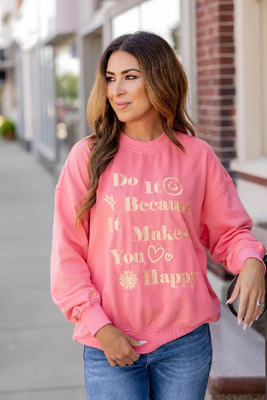 Women's Sweatshirts with Relaxed Styling -Makes You Happy Embroidered Graphic Crewneck Women's Sweatshirts with Relaxed Styling -Makes You Happy Embroidered Graphic Crewneck