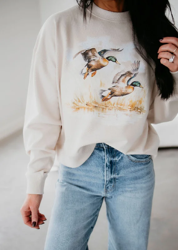 Women's Sweatshirts with Double-Zip Design -Mallard Graphic Crew