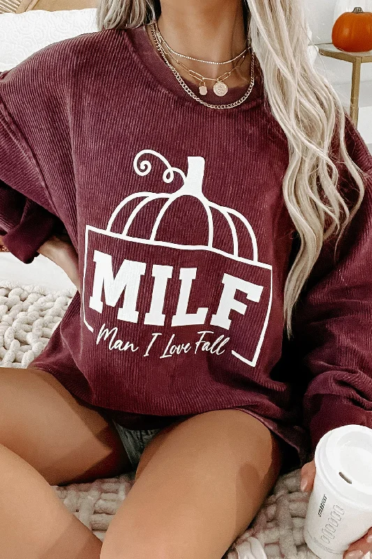 Women's Sweatshirts with Fun Color Combinations -"Man I Love Fall" Corded Graphic Crewneck (Maroon) - Print On Demand Women's Sweatshirts with Fun Color Combinations -"Man I Love Fall" Corded Graphic Crewneck (Maroon) - Print On Demand