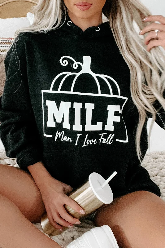 Women's Sweatshirts with Unique Prints -"Man I Love Fall" Graphic Hoodie (Black) - Print On Demand Women's Sweatshirts with Unique Prints -"Man I Love Fall" Graphic Hoodie (Black) - Print On Demand