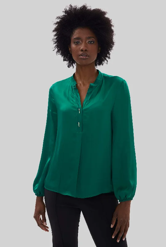 Women's Slouchy Shirts -Mandarin Collar Satin Blouse Green