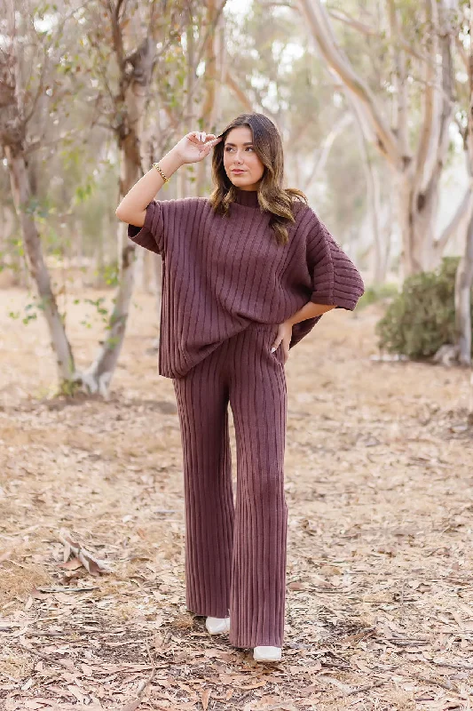 Women's Sweater Set with Soft Wool Blend -Mandi Short Sleeve Mock Neck Ribbed Sweater Top And Pants Set Brown Women's Sweater Set with Soft Wool Blend -Mandi Short Sleeve Mock Neck Ribbed Sweater Top And Pants Set Brown