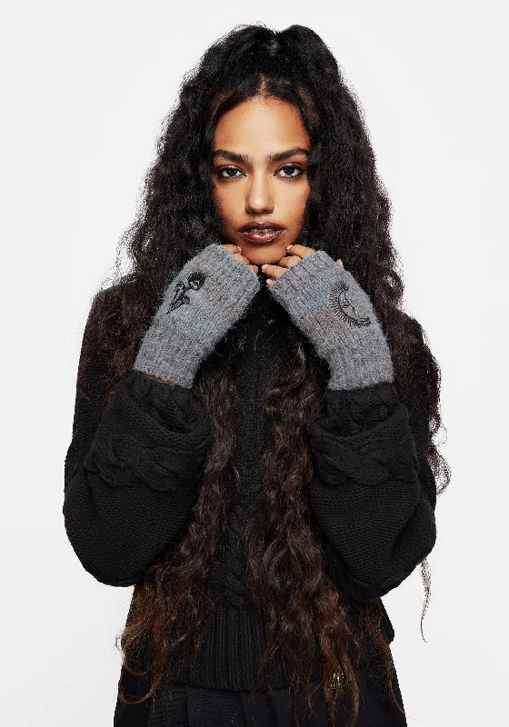 Knit Tops for Relaxed Looks-Mandragore Embroidered Knit Fingerless Gloves