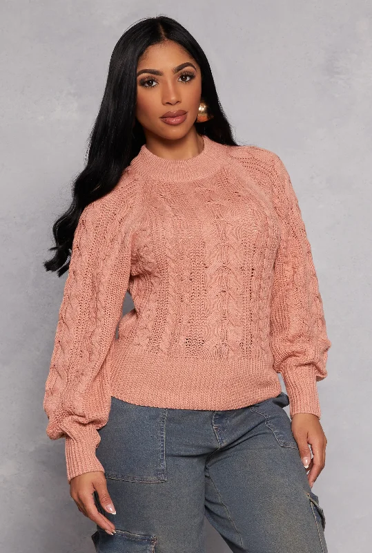 Women's Pullover Sweater with Ribbed Hems-Cable Knit Pullover Sweater